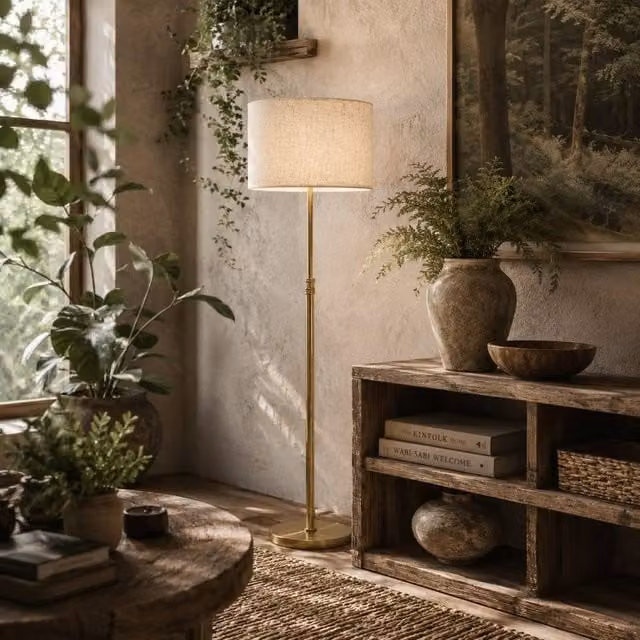 Wyld Haus Mava Adjustable Dimmable LED Floor Lamp in Gold and Beige with Linen Shade, Height: 168 cm