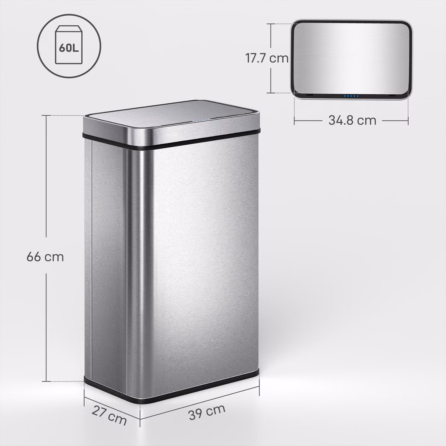 HOMCOM 60 L Sensor Bin with Soft-Close Lid and Odour Filter, Fingerprint-Proof Stainless Steel, Silver – 3