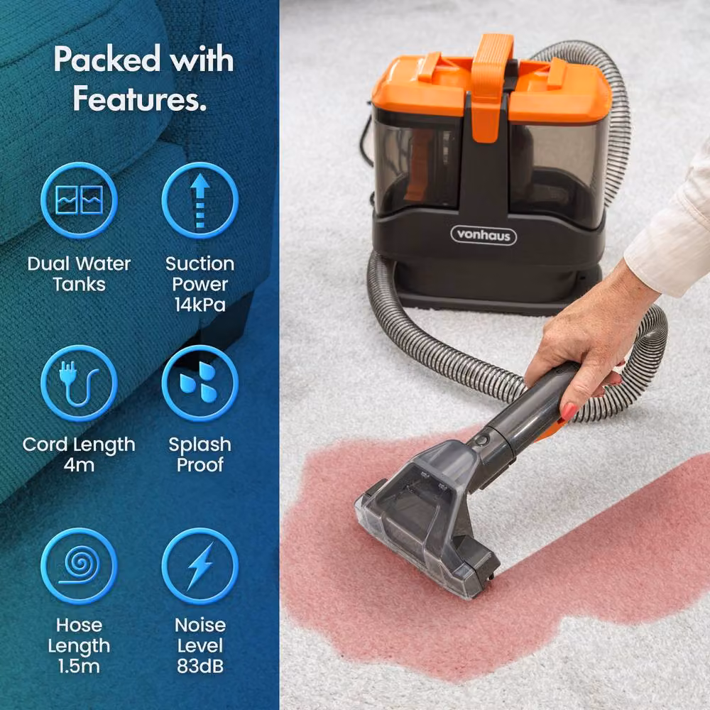 VonHaus 450W Ultra Lightweight Handheld Carpet Spot Cleaner, 2.6kg, Grey and Orange – 2