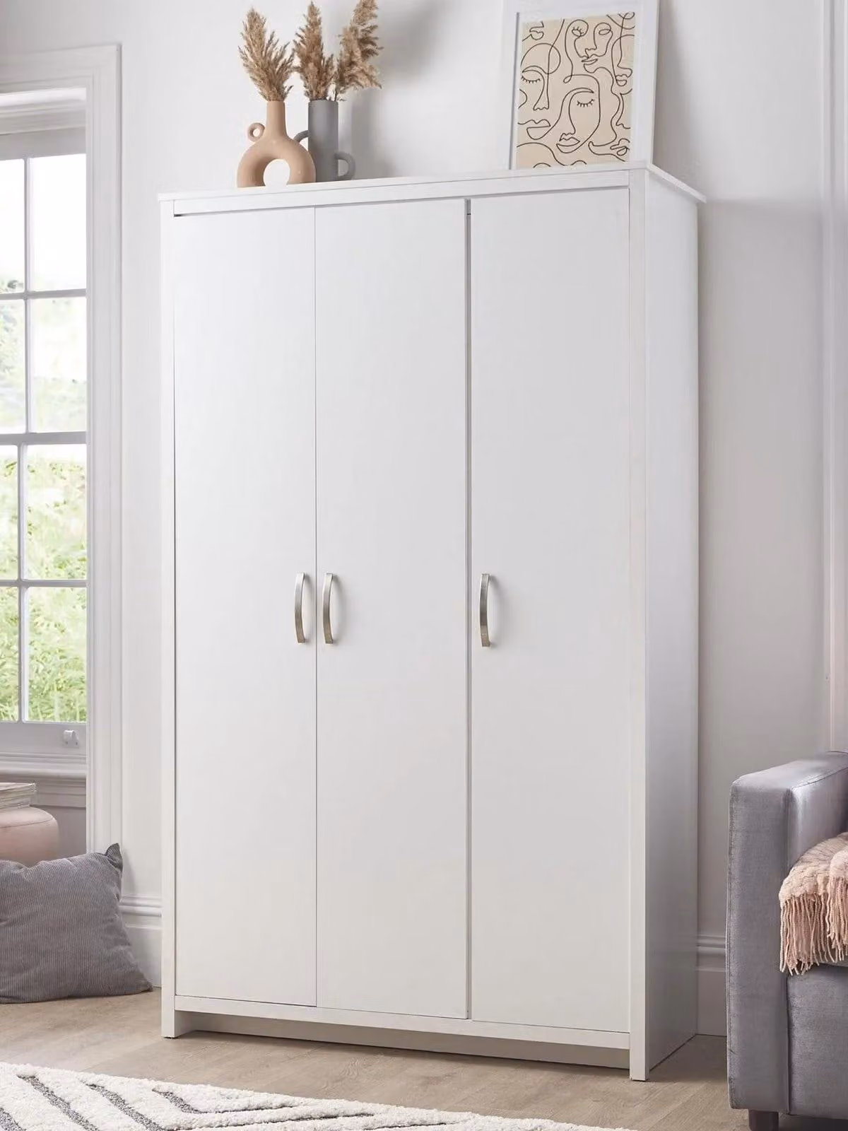 Ely 3 Door Wardrobe in White and Grey | Modern Freestanding Bedroom Storage with Hanging Rod and Internal Shelves | H 180 cm x W 106 cm x D 52 cm