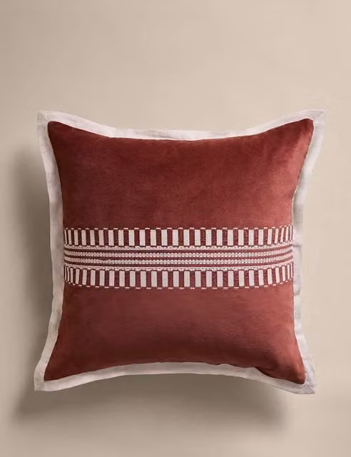 M&S Pure Cotton Velvet Embroidery Panel Cushion in Chestnut Brown