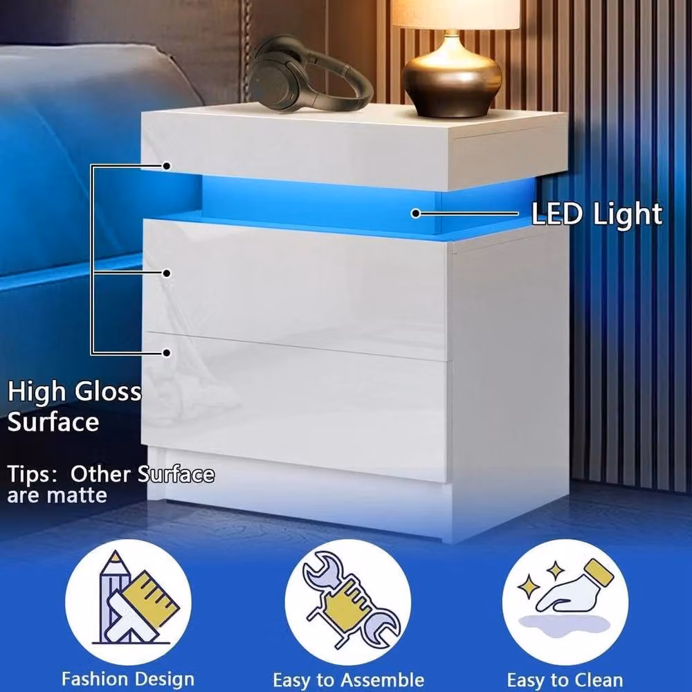 EONLION Modern White High Gloss 2 Drawer Bedside Table with Integrated LED Lighting, Width: 100 cm – 3