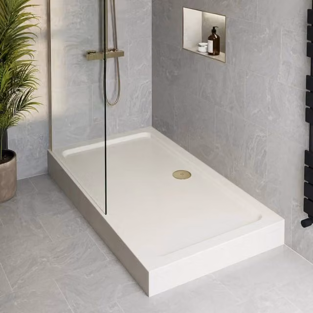 Hydrolux Non-Slip Square Shower Tray with Brushed Brass Waste, White and Gold, W: 76 cm x D: 76 cm x H: 14 cm