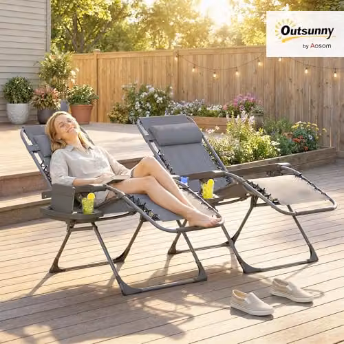 Outsunny Set of 2 Zero Gravity Garden Chairs in Grey with Adjustable Headrest, Side Tray and Cup Holders – 2