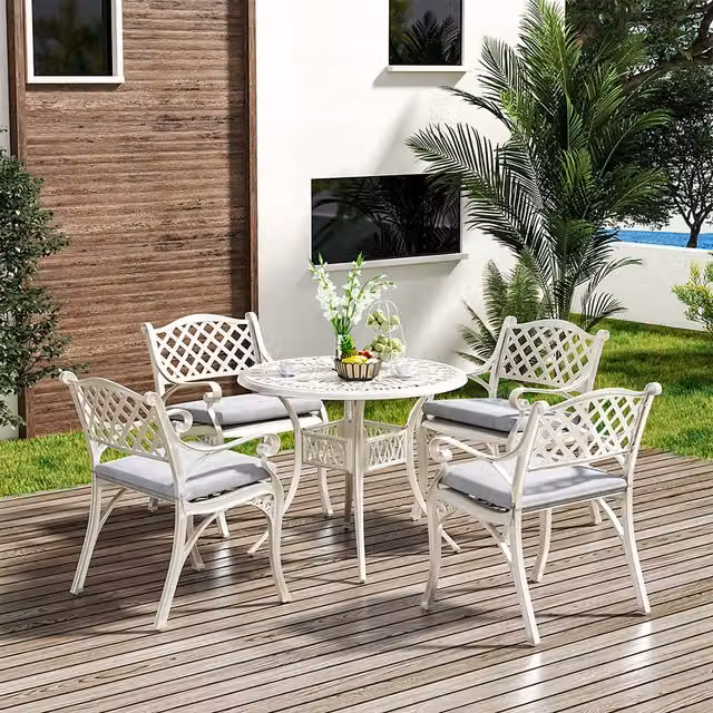 Livingandhome Classic Geometric Outdoor Cast Aluminium Dining Table and Chair Set in Beige and White
