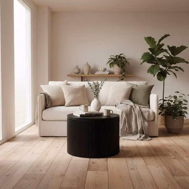 Wyld Haus Trecool Black Oak Veneer Reeded Round Coffee Table, Diameter: 65.0 cm, Height: 46.5 cm