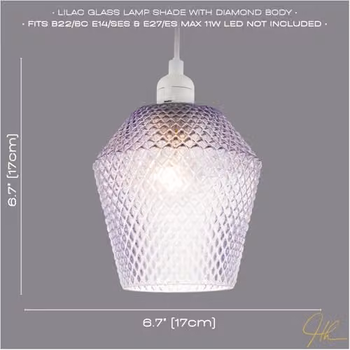 Happy Homewares Modern Diamond Design Glass Pendant Lamp Shade in Lilac Purple, W/D/H: 17 x 17 x 17 cm – 2