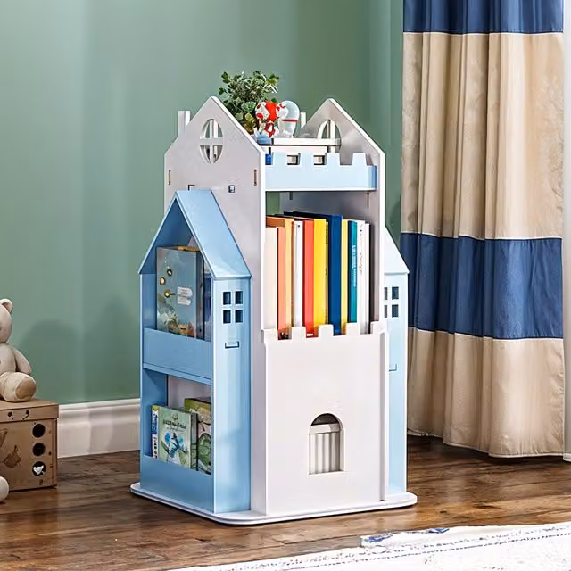 Livingandhome 3-Tier Castle-Style Rotating Kids Bookcase in White and Blue