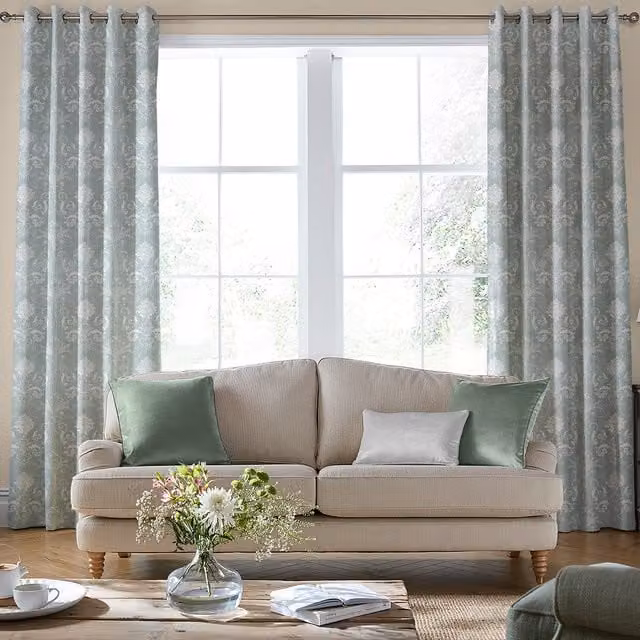 Laura Ashley Josette Made to Measure Blackout Fabric Panel Curtains in Grey and Green with Eyelets