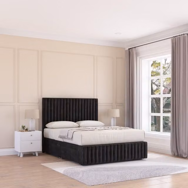 Sloomy Madison Plush Velvet Memory Foam Bed Set with 4 Drawers, Mattress and Headboard in Black, Size: 140 x 200 cm