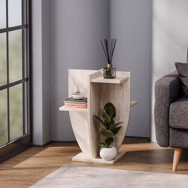 Decorotika Ceki Plant Stand in Beige and White Travertine Style, W/D/H: 49 x 49 x 62 cm