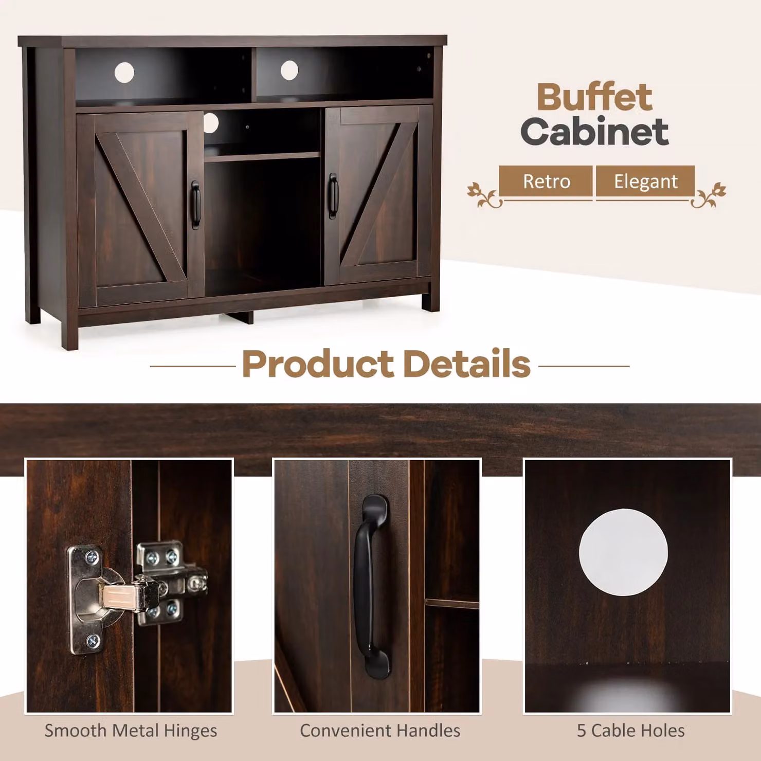 Costway Farmhouse Buffet Storage Cabinet with 9-Bottle Wine Rack, Brown – 3
