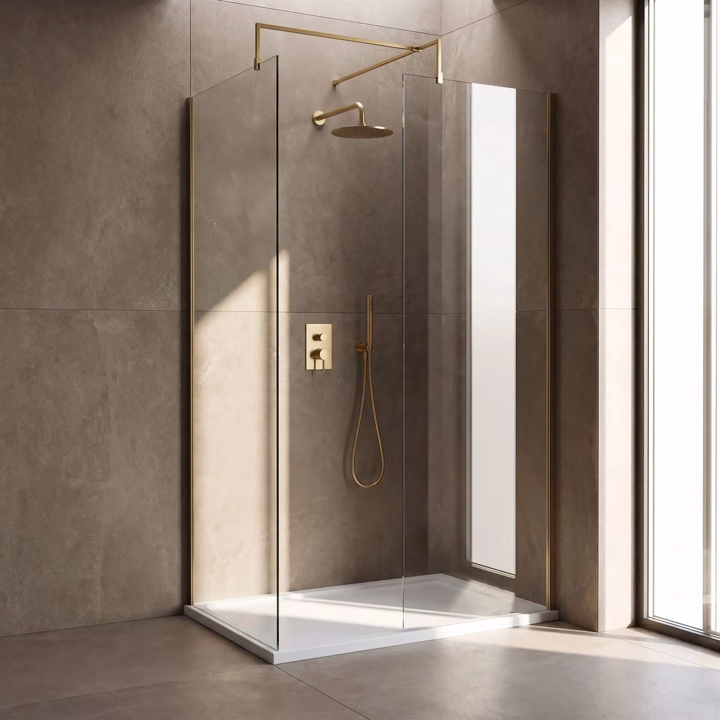 Balterley 8mm Glass Walk-In Wetroom Screen and Tray with Brushed Brass Profile, W/D/H: 1200 x 800 mm, Gold/Brass – 3