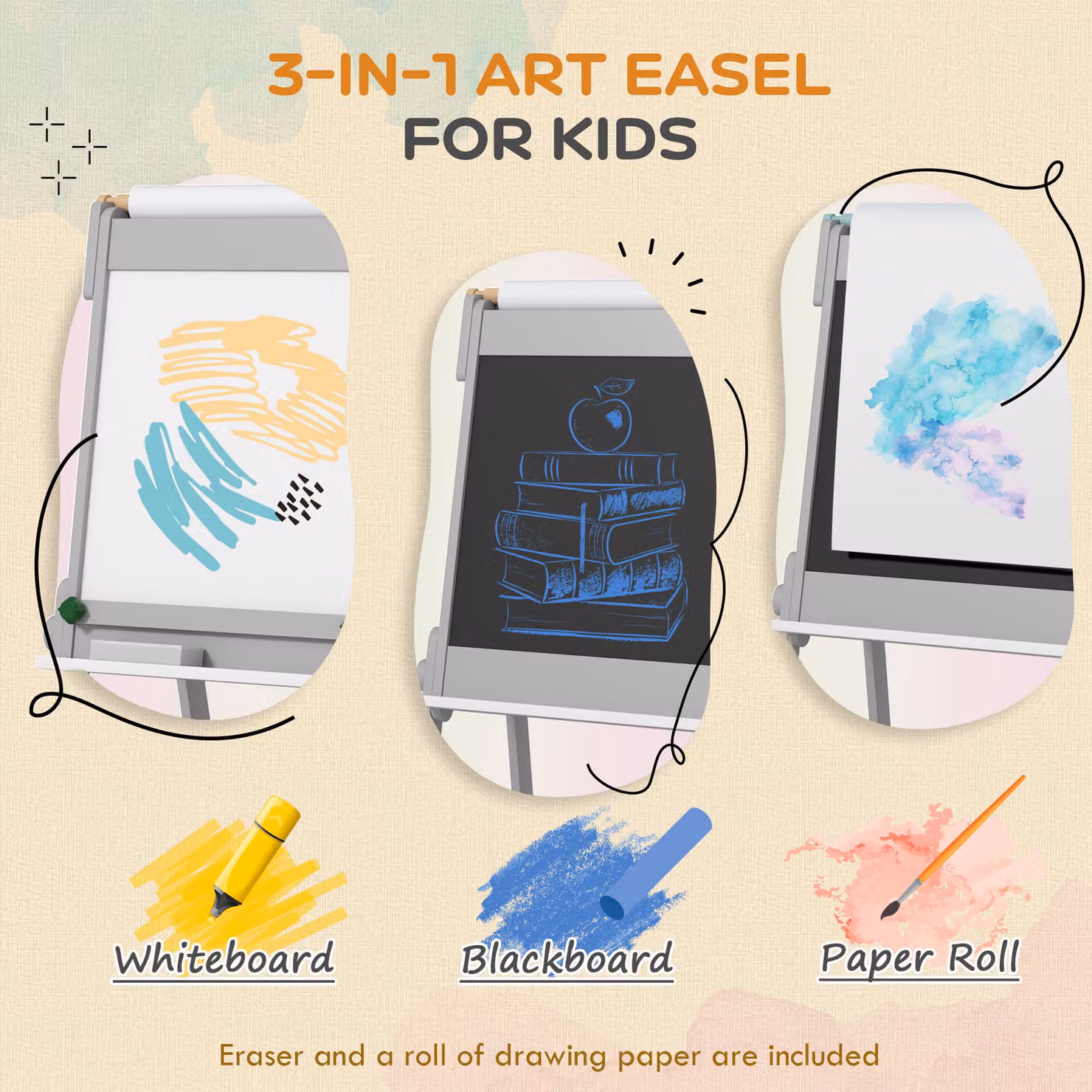 AIYAPLAY Double Sided Art Easel for Kids with Paper Roll, Chalk Board and White Board in Grey and White – 3