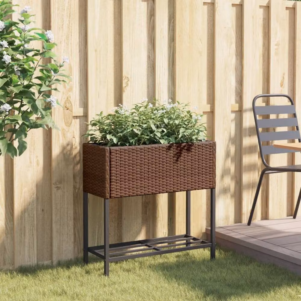 Berkfield Home Garden Planter with Shelf in Brown Poly Rattan – 3