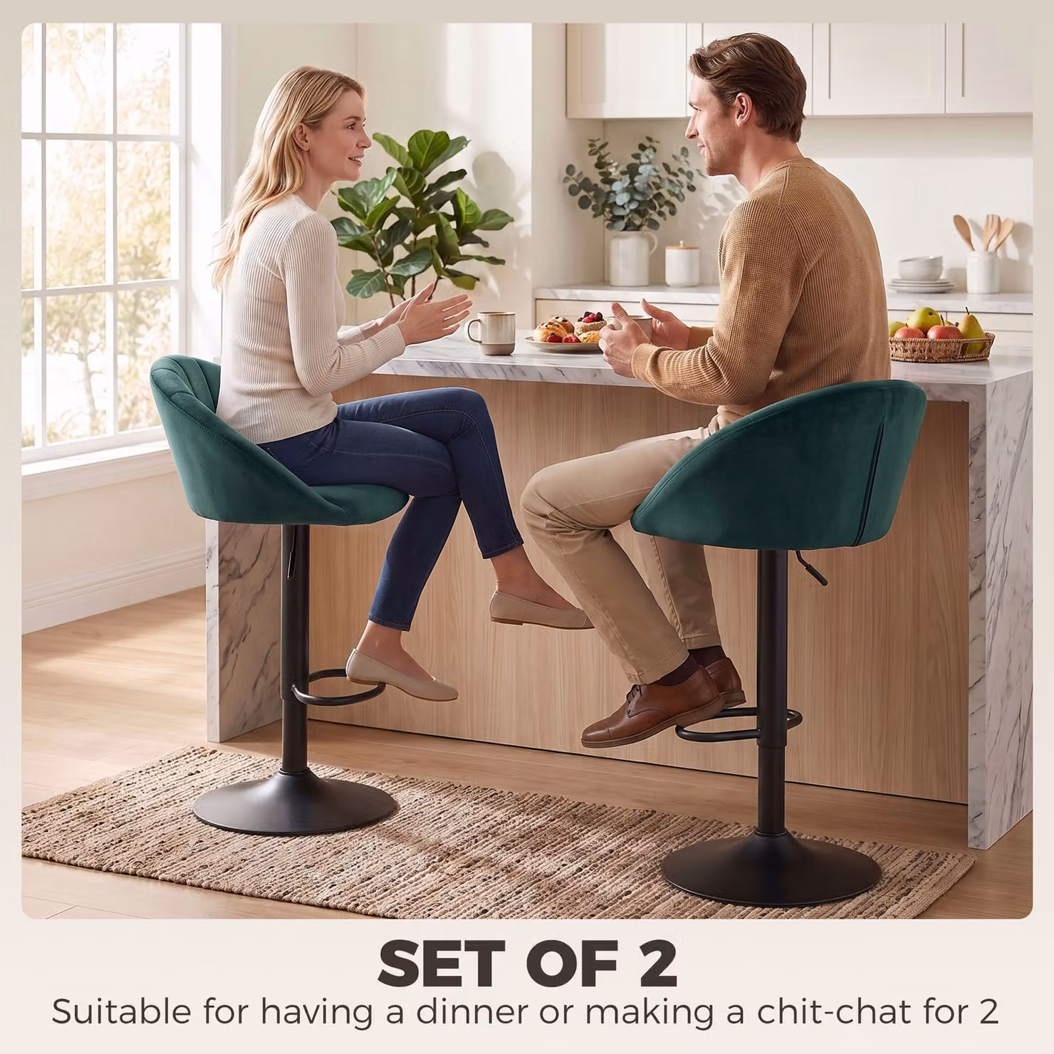 HOMCOM Set of 2 Adjustable Swivel Velvet Bar Stools with Backrest, Dark Green – 4