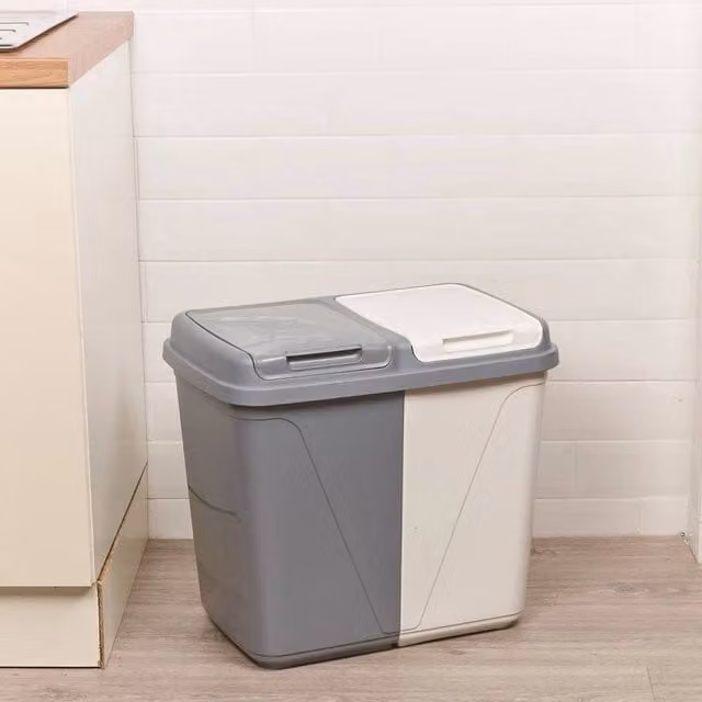 FORGEVIO Kitchen Recycling and Laundry Duo Bin with Flip Lid and Odour Filter, 60L, Grey and White