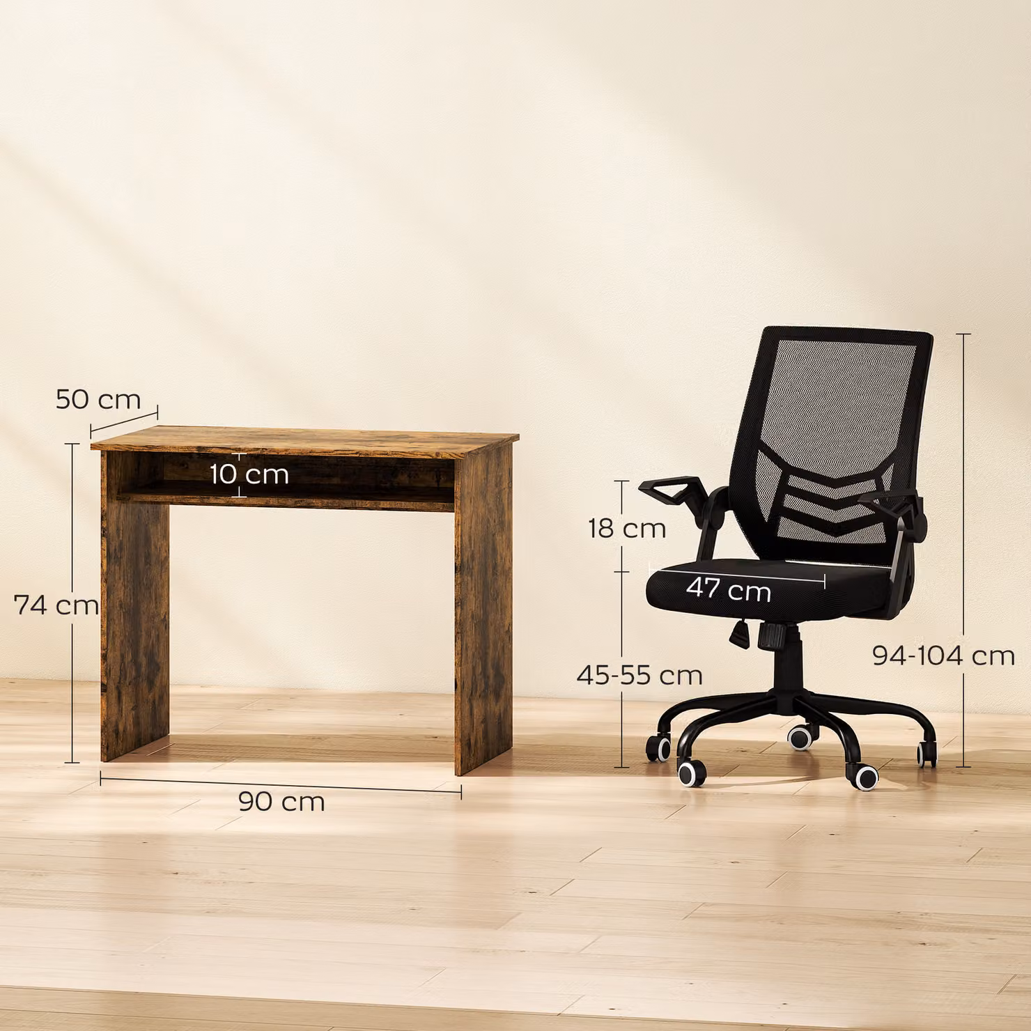 HOMCOM Modern Home Office Furniture Set featuring Computer Desk with Storage Shelf and Ergonomic Mesh Chair in Rustic Brown and Black – 2
