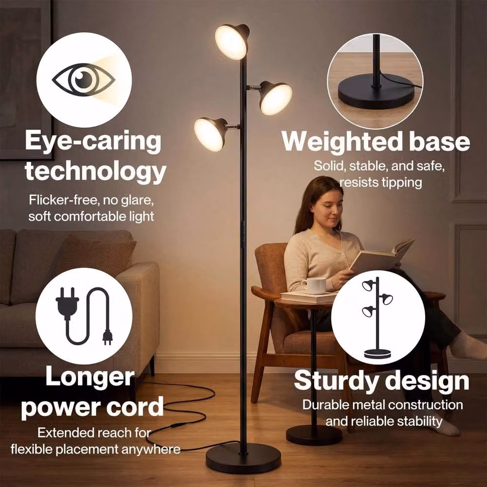 VOGREX 3-Light Dimmable Black Floor Lamp with Remote Control and Touch Function – 6