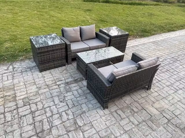 Fimous High Back Rattan Garden Furniture Set in Dark Grey with 2 Seater Sofa, Lounge Armchair, Ottoman, Coffee Table and Side Tables