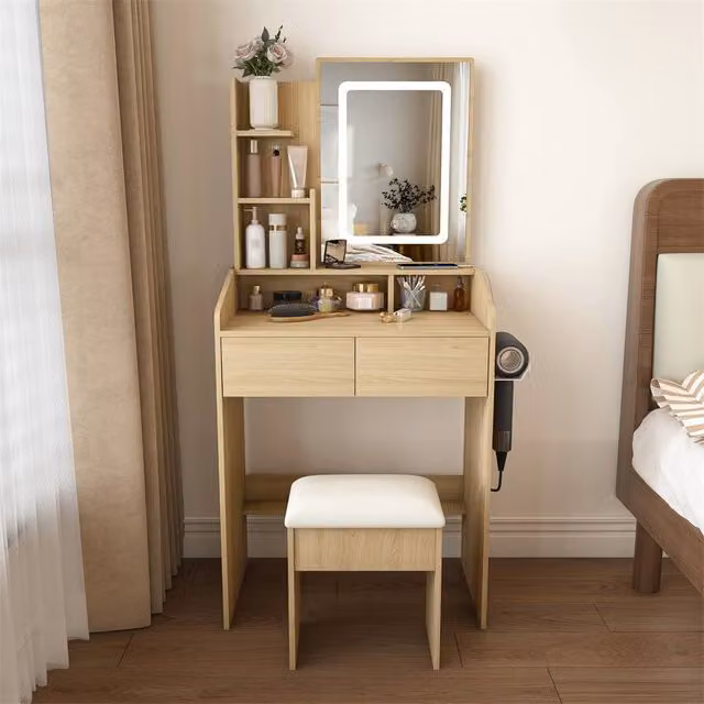 Direct Wicker Modern Rectangular Makeup Vanity Desk with 3 LED Lights, Hair Dryer Stand and Storage Rack in Brown