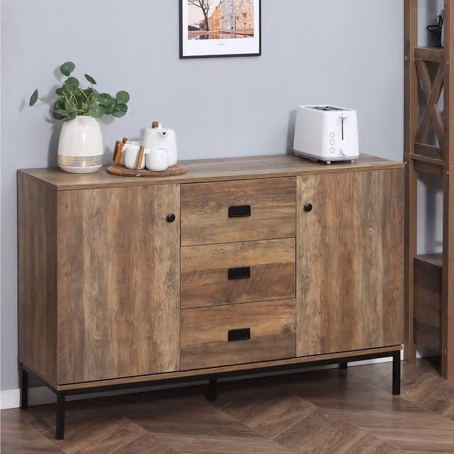 HOMCOM Industrial Mango Wood Storage Cabinet and Accent Cupboard with Drawers, Brown
