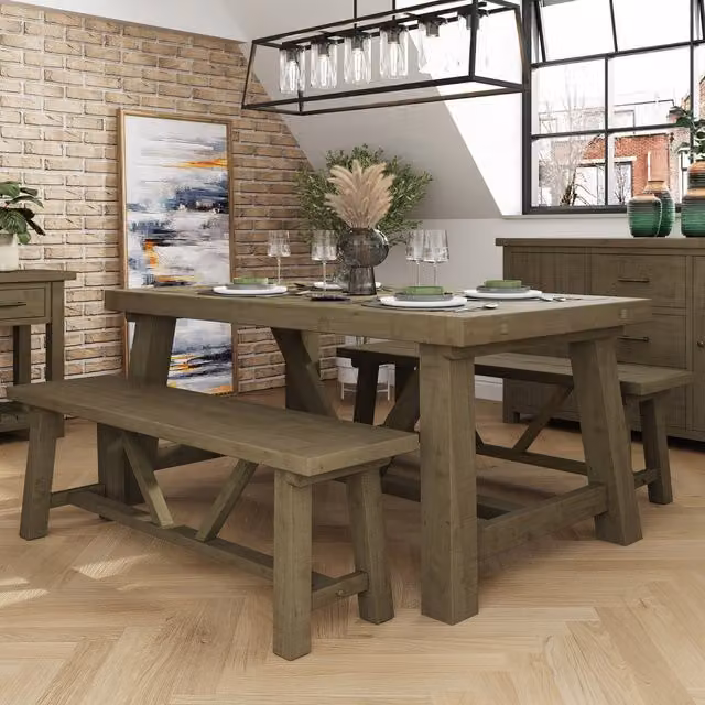 FWStyle Rustic Rectangular Trestle Dining Table in Brown Reclaimed Natural Pine