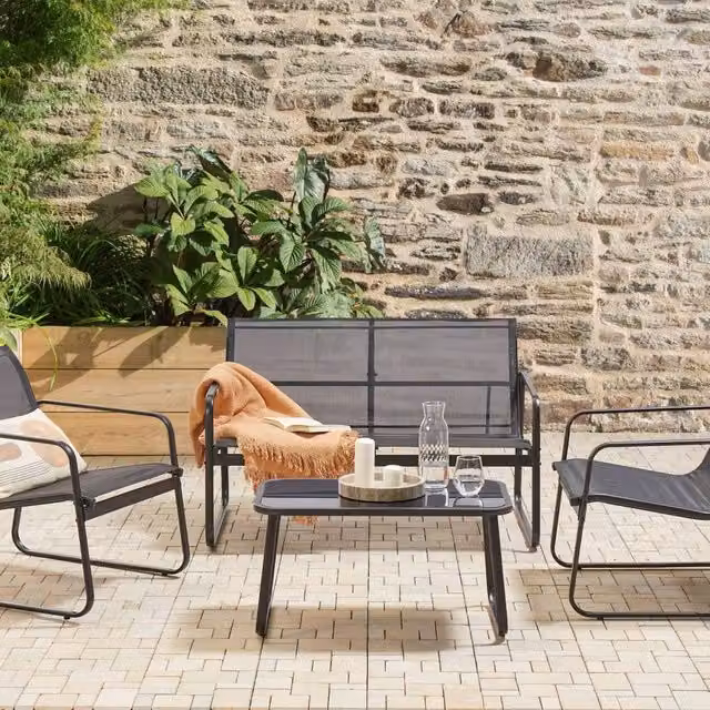 Wyld and Coco 4-Seater Industrial Garden Sofa Set with Matt Black Steel Frame and Tempered Glass Table