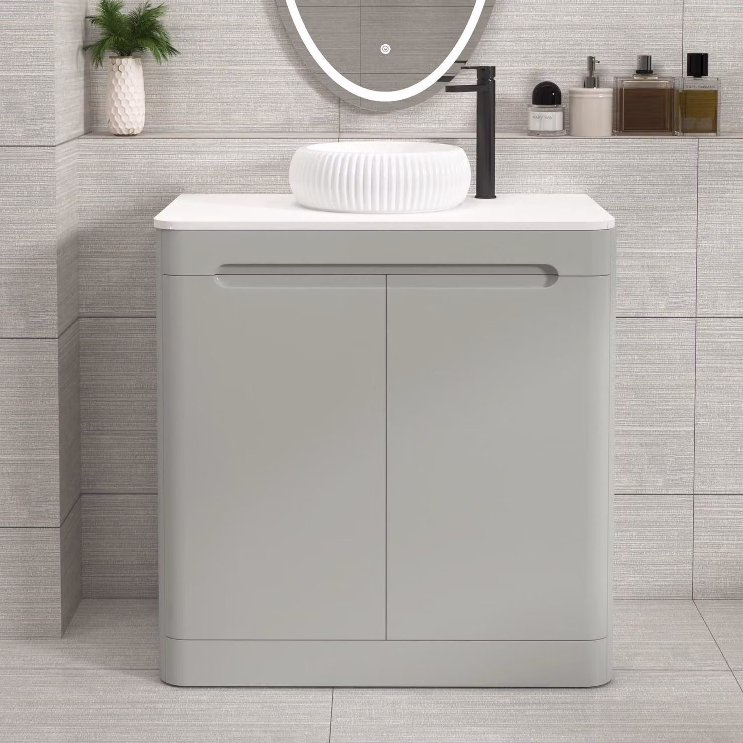 Royal Bathrooms Venice 800mm Floor Standing Vanity Unit in Dove Grey with 2 Soft Close Doors and White Milan Basin