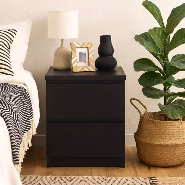 Wyld Haus Budapest Matt Black Wooden Bedside Table with 2 Drawers, W/D/H: 40.0 x 49.5 x 50.0 cm – 1