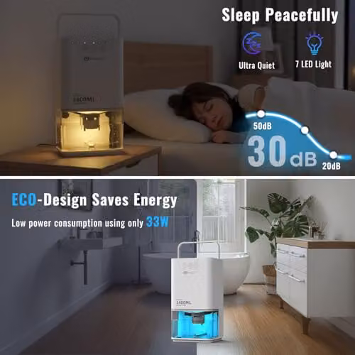 PureMate 1400ml Portable Mini Electric Dehumidifier in White with Colourful LED Lights – 6