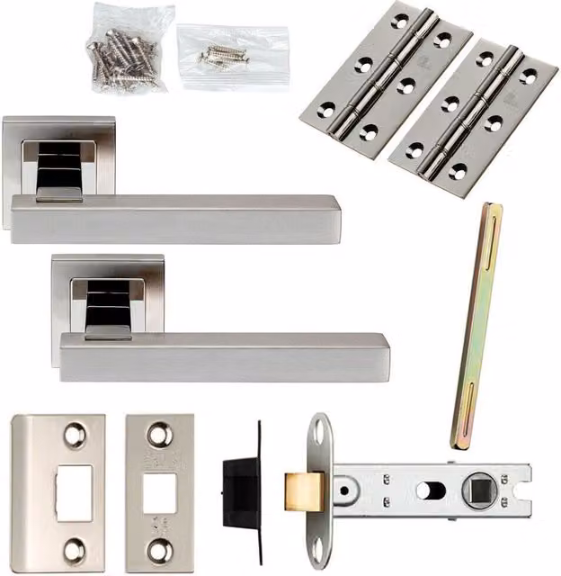 Loops Polished and Satin Steel Square Lever Door Handle and Latch Pack in Silver