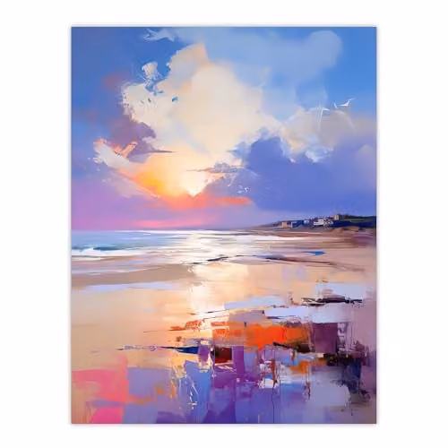 Artery8 Beach Sunrise Abstract Oil Painting Poster Print in Orange, Purple and Blue