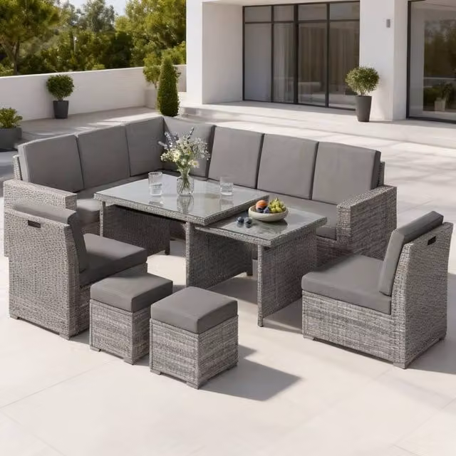ERGOVEXA Seven-Piece L-Shape Polyrattan Garden Sofa Set in Grey with Upholstered Cushions and Coffee Table