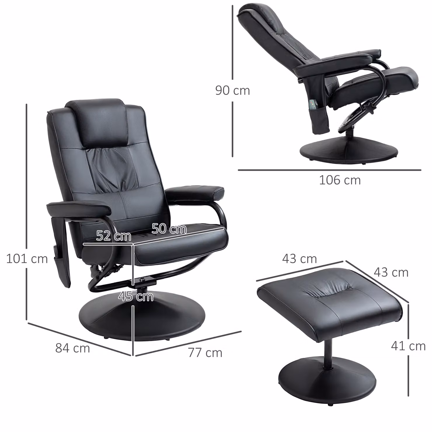 HOMCOM 10-Point Massage Recliner Chair with Ottoman in Black PU Leather – 3