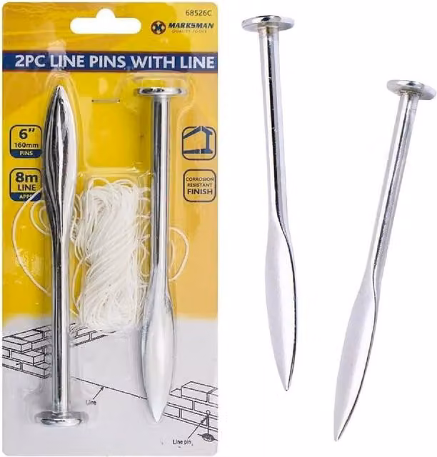 BARGAINS-GALORE Set of 2 Metallic Silver Line Pins with 8m Line Builder Brick Laying Pins DIY Tool – 1
