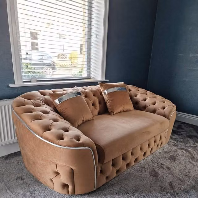 Stratus Interiors Ambassador Chesterfield Sofa in Tan Plush Velvet with Silver Trim