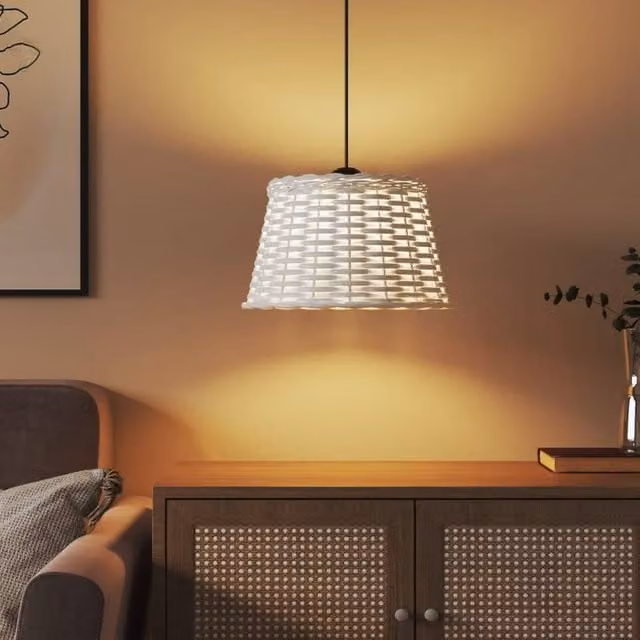 Berkfield Home Charming Round Wicker Ceiling Lamp Shade in White, W: 38 cm, H: 23 cm