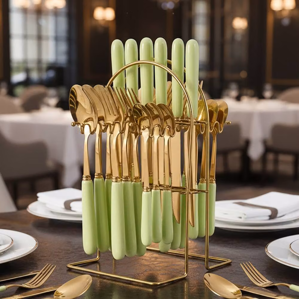Living and Home 24-Piece Polished Stainless Steel Cutlery Set with Ceramic Storage Case in Green and Gold – 5