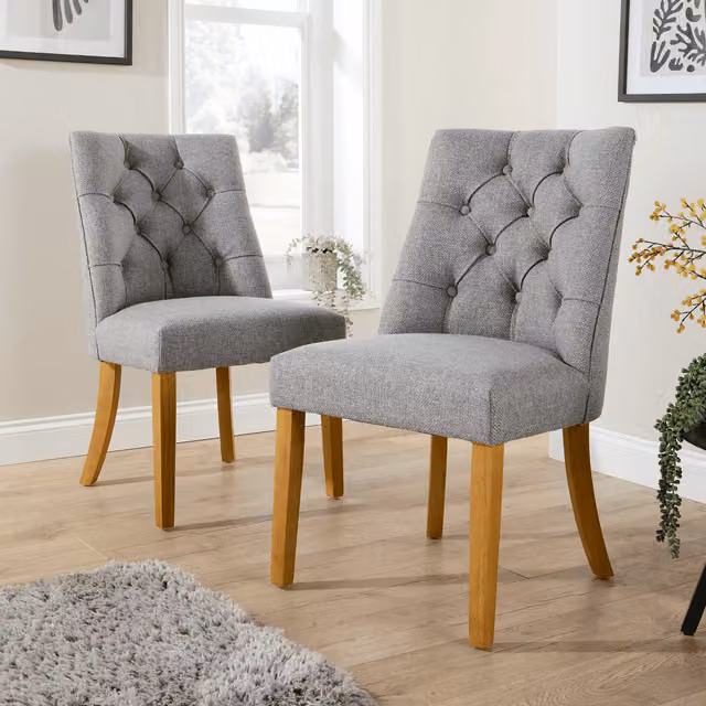 Home Source Samara Pair of Grey Fabric Dining Chairs with Button Back Tufted Chesterfield Design