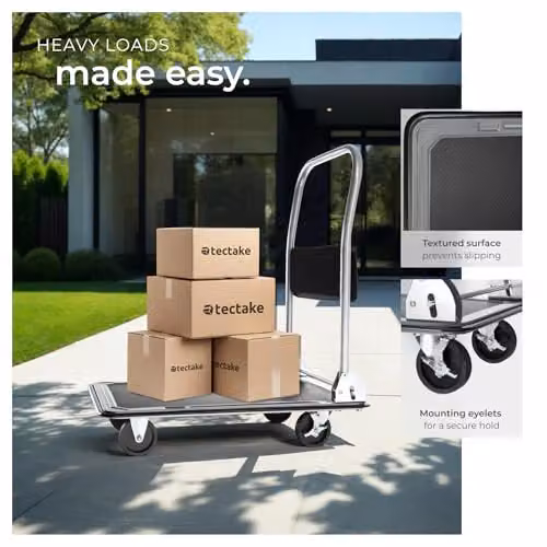 tectake Platform Trolley in Black with 150 kg Load Capacity, Foldable Handle, Storage Pocket and 4 Castors including 2 Lockable Brakes – 5