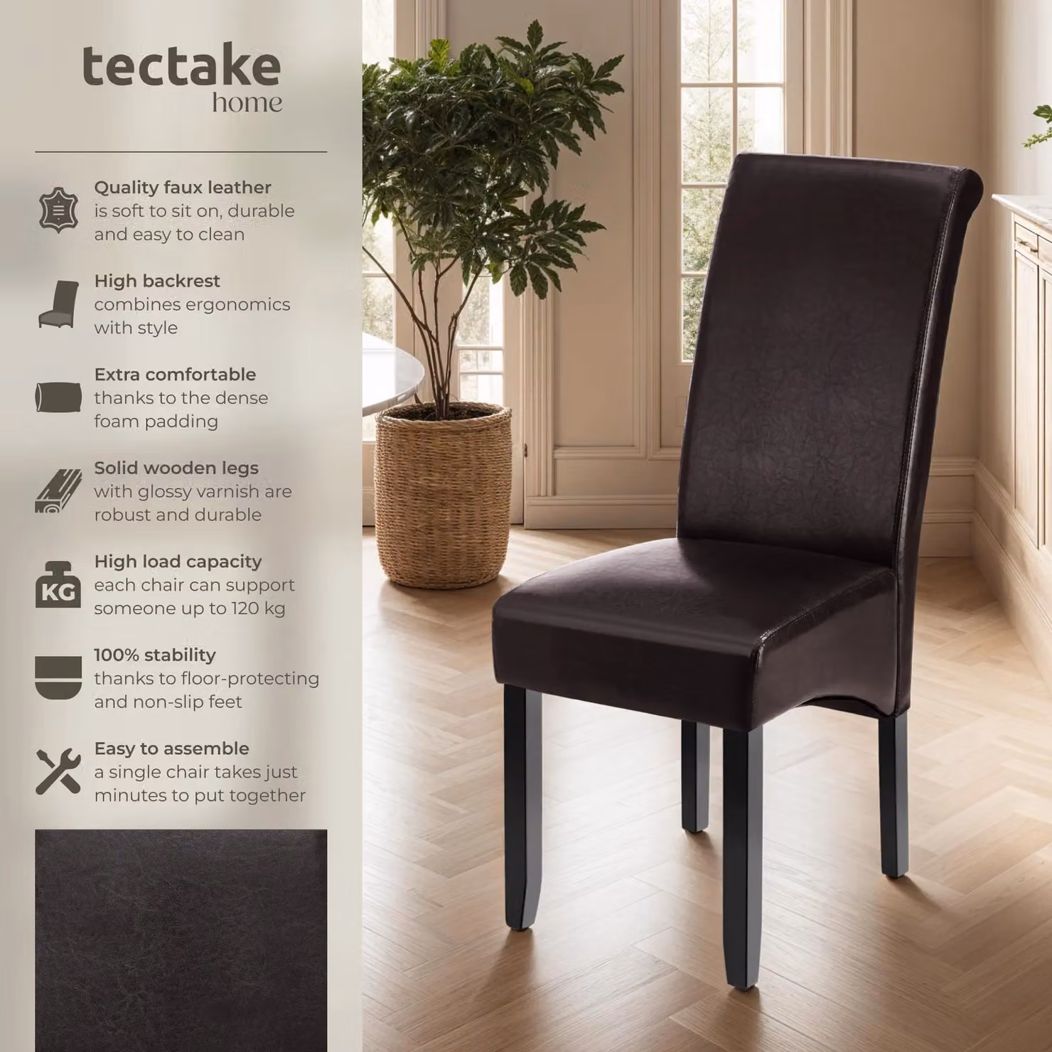 tectake Set of 2 Modern Dining Chairs in Brown Synthetic Leather and Wood – 2