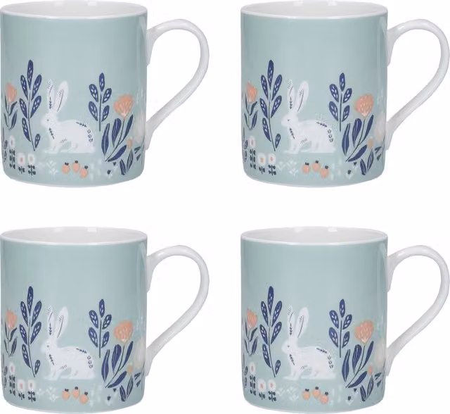 KitchenCraft 4-Piece Woodcut Rabbit Ceramic Mug Set in White