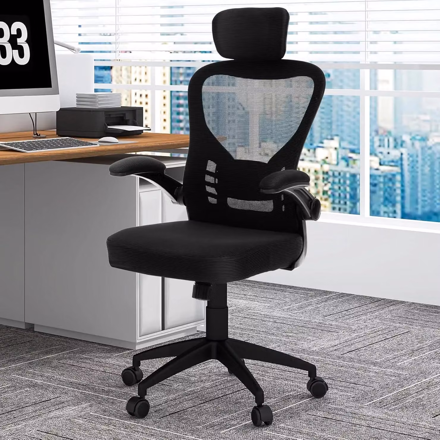Gymax Black Mesh Executive Swivel Chair with Adjustable Headrest and Armrests – 2