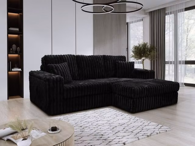 Snugg Furniture UK Limited LUXE 3 Seater Reversible Fabric Sofa with Matching Ottoman in Black, W/D/H: 235 x 102 x 90 cm – 1