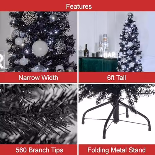 The Christmas Workshop 6ft Slimline Black Artificial Christmas Tree with Metal Stand – 4