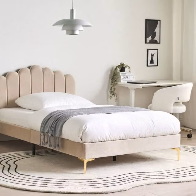 Wyld and Coco Small Double Velvet Bed in Beige with Height Adjustable Headboard – 1
