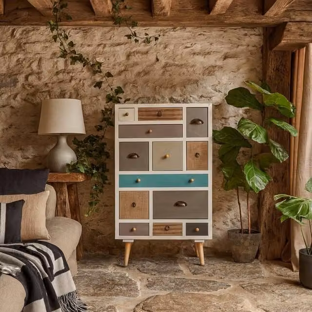 Wyld Haus Malaga 13 Drawer Chest of Drawers with White Frame and Multicoloured Drawers