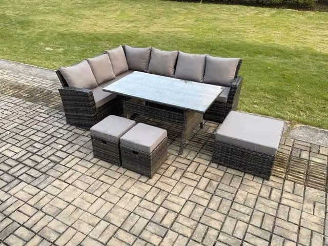 Fimous 9 Seater Garden Rattan Corner Dining Set with 3 Footstools in Dark Grey