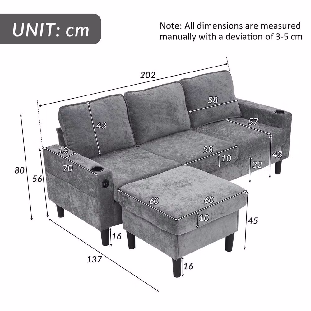Tokpiedi 4 Seater Reversible L-Shape Corner Sofa with USB Charging and Cup Holders in Grey Fabric – 2